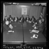 Reporter Paul Weeks interviewing members of Los Angeles County Commission on Human Relations, 1963