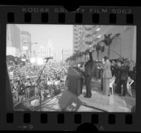 Walter F. Mondale in front of crowd during campaign rally at Pershing Square in Los Angeles, Calif., 1984