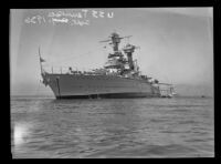 U.S.S. Tennessee lists towards starboard and works to right itself during an naval test, Los Angeles, 1936