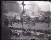 Auto show fire seen from across street, Los Angeles, 1929