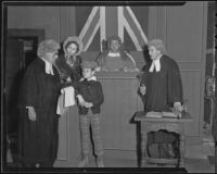 Joe Scott, Mrs. Clemence Brown, David Hardy, Sidney A. Cherviss (judge), and Jack W. Hardy at a judges party, Los Angeles, 1935