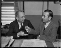 Mexican consuls Joaquin Terrazas and Alejandro V. Martinez exchanging keys, Los Angeles, 1935