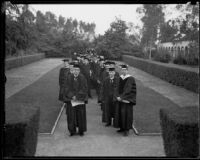 Robert G. Cleland and Everett Dean Martin lead the Commencement procession at Occidental College, Eagle Rock (Los Angeles), 1934