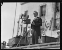 Mayor George E. Cryer gives a speech at City Hall dedication, Los Angeles, 1928