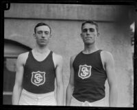 Two USC track team athletes on campus, Los Angeles, 1925