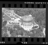 Aerial view of Los Angeles' Griffith Observatory surrounded in scaffolding, Los Angeles, 1984