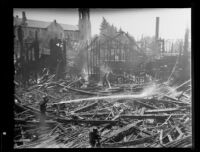 Firefighters attend the fire destroying the First Baptist Church of Hollywood, Hollywood, 1935