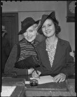 Actress Mary Conway filing a notice of her intent to marry actor Francis Ford, Los Angeles, 1935