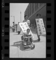 Joyce May pushing her son in a stroller while picketing to demand more money for Los Angeles Head Start program, 1970