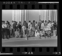 Protesters outside of dinner for President Johnson at Century Plaza