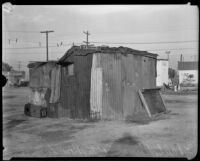 Hooverville home made of scrap metal, Los Angeles, 1930s