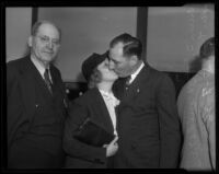 Worth S. Fitts, Marion Fitts, and Buron Fitts after perjury acquittal, Los Angeles, 1936