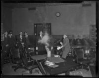 Police chemist Ray Pinker demonstrates chemical explosion in courtroom, Los Angeles, 1938