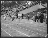 Don Plumb of Pomona College sprints across the finish line during a dual track meet against Occidental College, Los Angeles, 1932