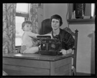 Isabel Stewart Way writes while caring for her baby daughter Eve Felicity, Azusa, 1935