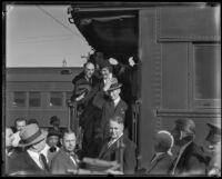 A. P. Giannini, banker, arrives by train, Los Angeles, 1930s