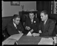 Judges A. A. Scott, C. Newell Carns and Supervisor Gordon McDonough discuss traffic safety, Los Angeles, 1936