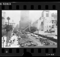 Street lined with fire engines during Los Angeles Central Library fire, 1986