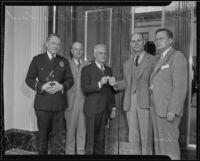 Floyd W. Howard, Chief of Police Joseph P. Smith, Mayor Fred C. Rowland, Allison C. Honer, and Vernon W. Houghton at the opening of Santa Ana's new City Hall, 1935