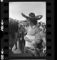 Joseph P. Kennedy III wearing sombrero at dedication of Robert F. Kennedy Elementary School in Los Angeles, Calif., 1972