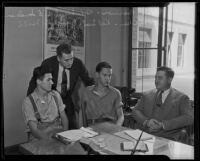 Deputy Lieutenant L. E. Sanderson and Deputy Lieutenant George J. Hill interrogate Charles Barnes and James Tucker about the death of their classmate, Los Angeles, 1935