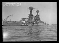 U.S.S. Tennessee lists to starboard during a naval drill, Los Angeles, 1936