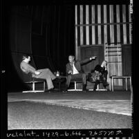 David Frost, Paul Newman and Joanne Woodward participating in Blue Ribbon 400 symposium at the Mark Taper in Los Angeles, Calif., 1970