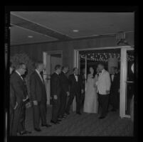 President Johnson greeted by Edmund Brown at Century Plaza with Lynda Bird as his guest. A. 1967