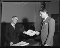 Football player Francis Tappaan receiving certificate, [1931?]