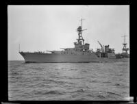 Port side view of the USS Chicago, a US Navy heavy cruiser, Southern California, 1931-1939