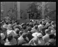 George Jessel speaking at the memorial service for will Rogers at Twentieth Century Fox Studio, Los Angeles, 1935