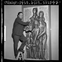 Dr. Joseph Young with his mosaic mural "The Family and Center Life" at Valley Cities Jewish Community Center, Calif., 1964