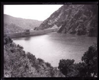 San Dimas dam and reservoir after heavy rainfall, San Dimas, 1926