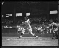 Smead Jolley swinging away at bat for the Hollywood Stars team at Wrigley Field, Los Angeles, 1926-1933