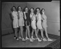 Junior League members Gabrielle Wright, Peggy Morris, Elizabeth Anne Fullerton, Hortense Cunningham, Helen Sterling, and Gwenllian Hamblin rehearse their dance moves, Pasadena, 1936