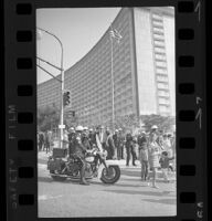 Motorcycle Police blocking pedestrian traffic at Century Plaza during Pres. Johnson's visit