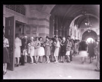 UCLA students in line outside of Royce Hall waiting to register for classes, Los Angeles, 1929