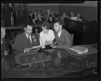 William J.F. Brown, Mrs. Bonnie Taylor, and Mr. Earl W. Taylor during Mr. Taylor's trial for petty theft, los angeles, 1935