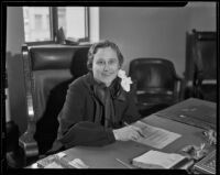 Leslie Ganyard at work taking charge of the State Employment Agencies and United States Employment Service in Los Angeles County, Los Angeles, 1935