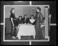 Fashion luncheon with the Hollywood Opera Reading Club members Carletta Orr, Elizabeth Hofert, Mrs. Lewis Jacques, Kathryn Kibler, and Rita Hale, Hollywood, 1936