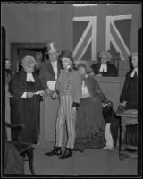 Judges' party, judges and a lawyer engaged in a skit in a courtroom, Los Angeles, 1935