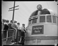 People line up to view the Burlington Zephyr train at Exposition Park, Los Angeles, 1934