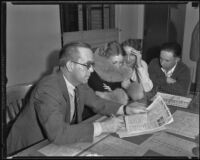 Police Captain Ralph Davis with abortion case witnesses Rose Marie Heddens, Clara Fournelle and Leo Fournelle, Los Angeles, 1935