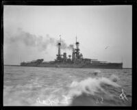 Side view of the USS Texas dreadnaught battleship during training maneuvers, 1920-1939