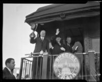 Herbert Hoover and Lou Henry Hoover greet crowd gathered around train, Southern California, circa 1928