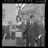 Lynda Bird Johnson, actor George Hamilton and Winifred Reynolds outside First Church of Christ, Scientist, in Beverly Hills, Calif., 1966