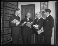 Judges Arthur Crum, Wilbur C. Curtis, and R. Morgan Galbreth congratulate Municipal Judge Joseph Chambers, Los Angeles, 1935