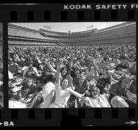 Crowd waiting for Bee Gees concert at Dodger Stadium, Calif., 1979