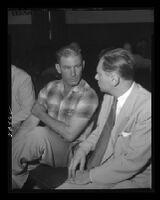 John True, state witness at the Monahan murder trial, with an attorney, Los Angeles, 1953