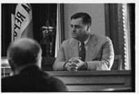 Witness on the stand during the embezzlement trial of Liberty A. Hill, Los Angeles, 1932